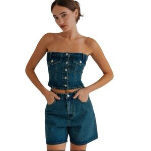 Le Lis Denim Bustier Button Up Top Medium